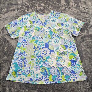 Cherokee Scrub Top womens large multicolor Floral butterfly Short Sleeve pockets